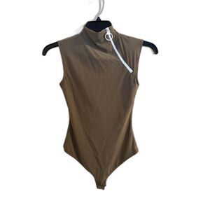 LIX NYC Asymmetrical Zip Mock Neck Thong‎ Bodysuit – Olive Green – Size S